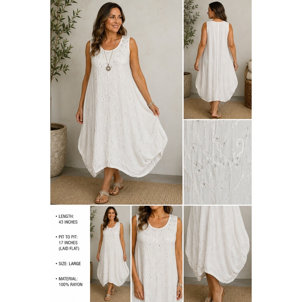 Seven Islands New York‎ White Embroidered Sequin Sleeveless Rayon Midi Dress L